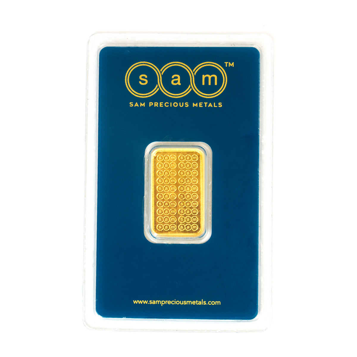 Gold bar on a blue card with 'SAM Precious Metals' branding