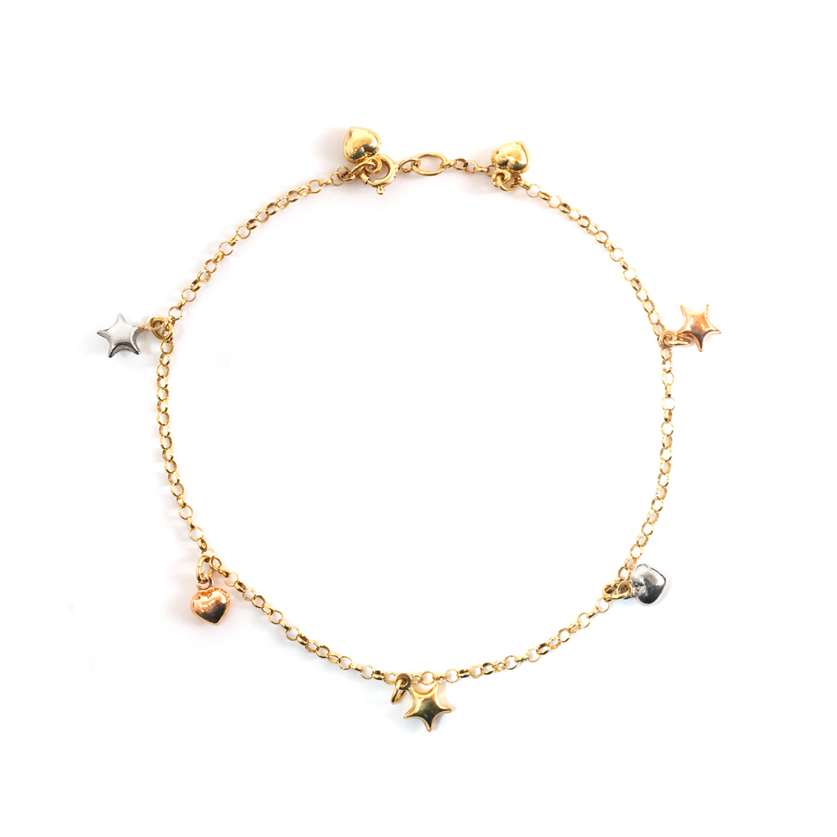 18K Gold Tri-Color Star & Heart Charm Anklet - Zero making charge