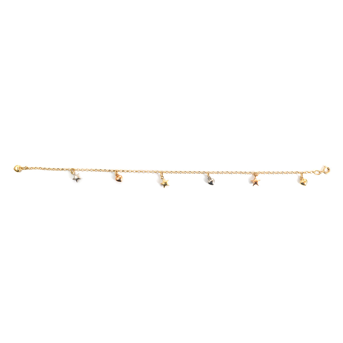 18K Gold Tri-Color Star & Heart Charm Anklet - Zero making charge