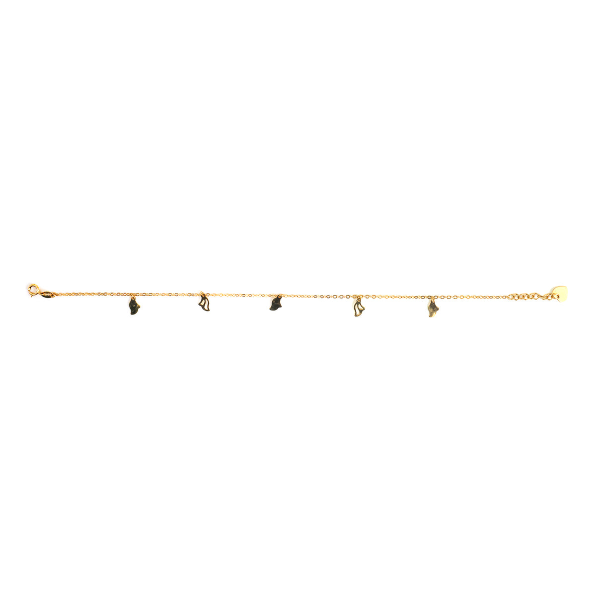 A delicate gold chain bracelet featuring five small, irregular dark brown stone pendants spaced along the chain, shown against a plain white background.