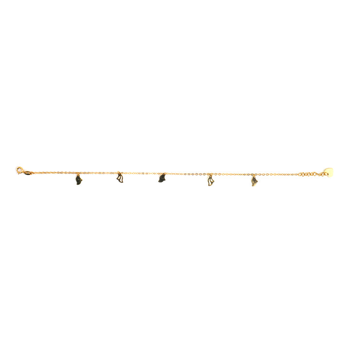 A delicate gold chain bracelet featuring five small, irregular dark brown stone pendants spaced along the chain, shown against a plain white background.