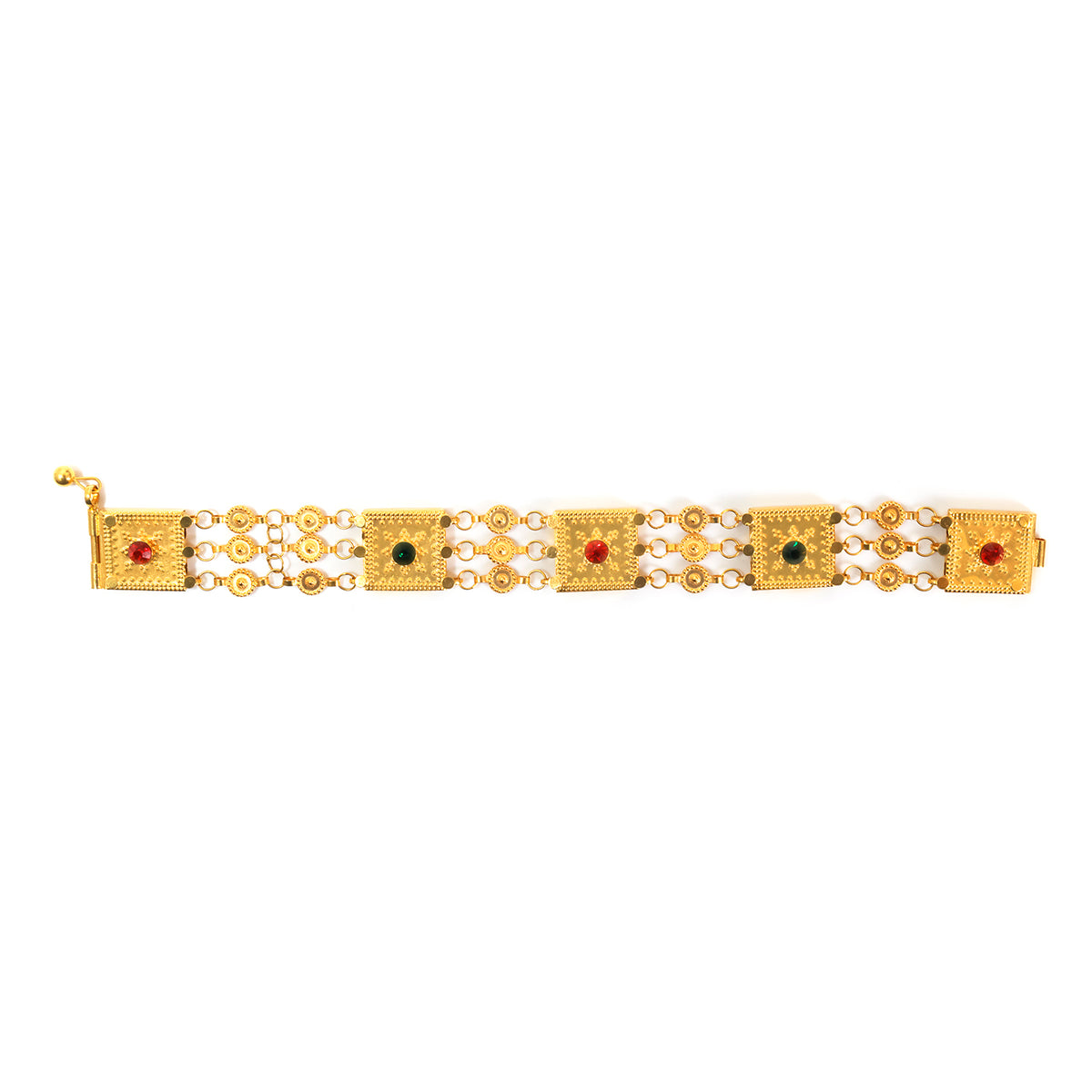 21K Gold Three-Row Link Bracelet with Ornate Medallion Clasps - Zero making charge