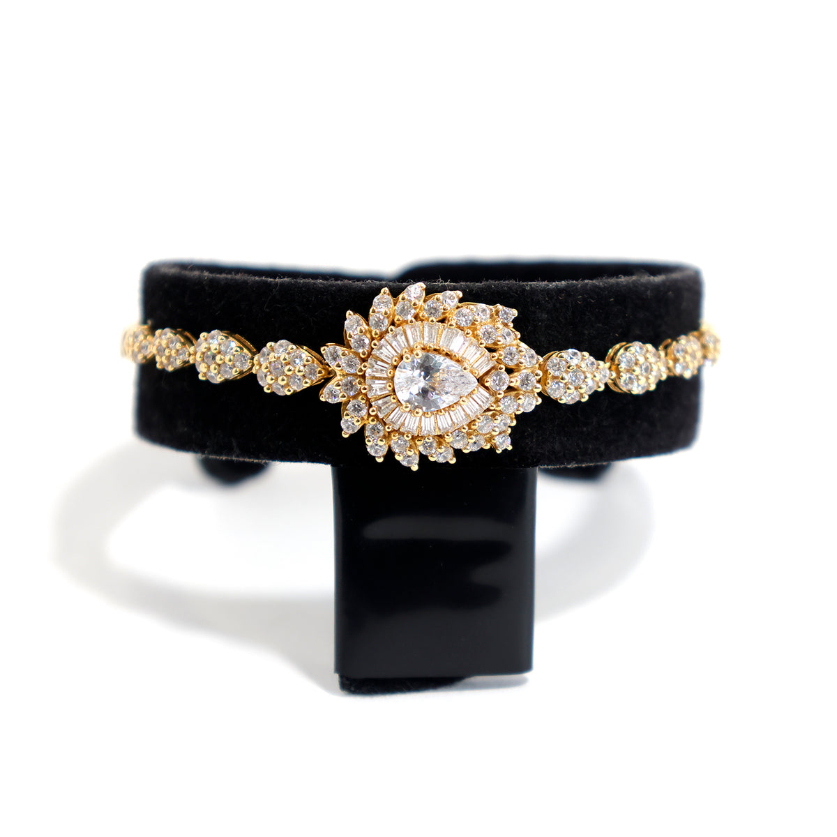 18K Gold Bracelet – Pear halo centerpiece with baguette accents - Main View