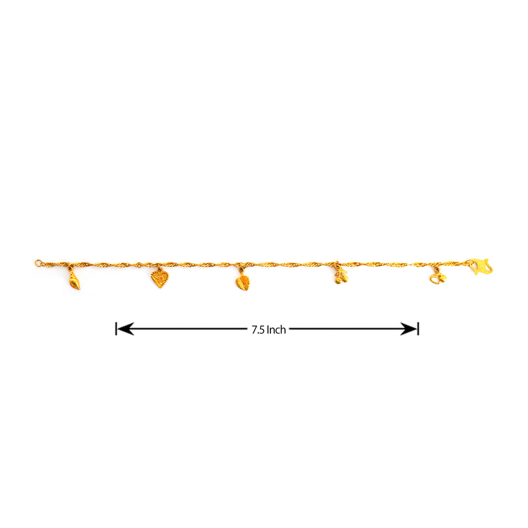 Gold bracelet with leaf charms and measurement on a white background