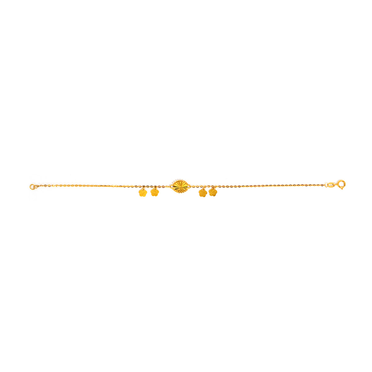 Gold anklet with small beads on a white background