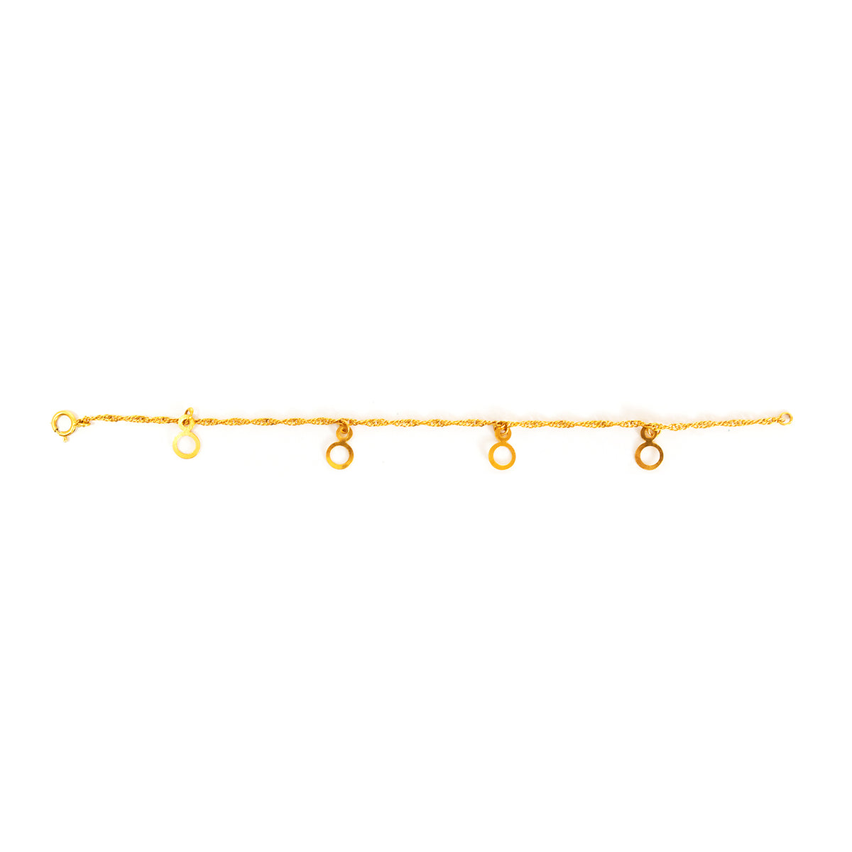 Gold anklet with small round charms on a white background