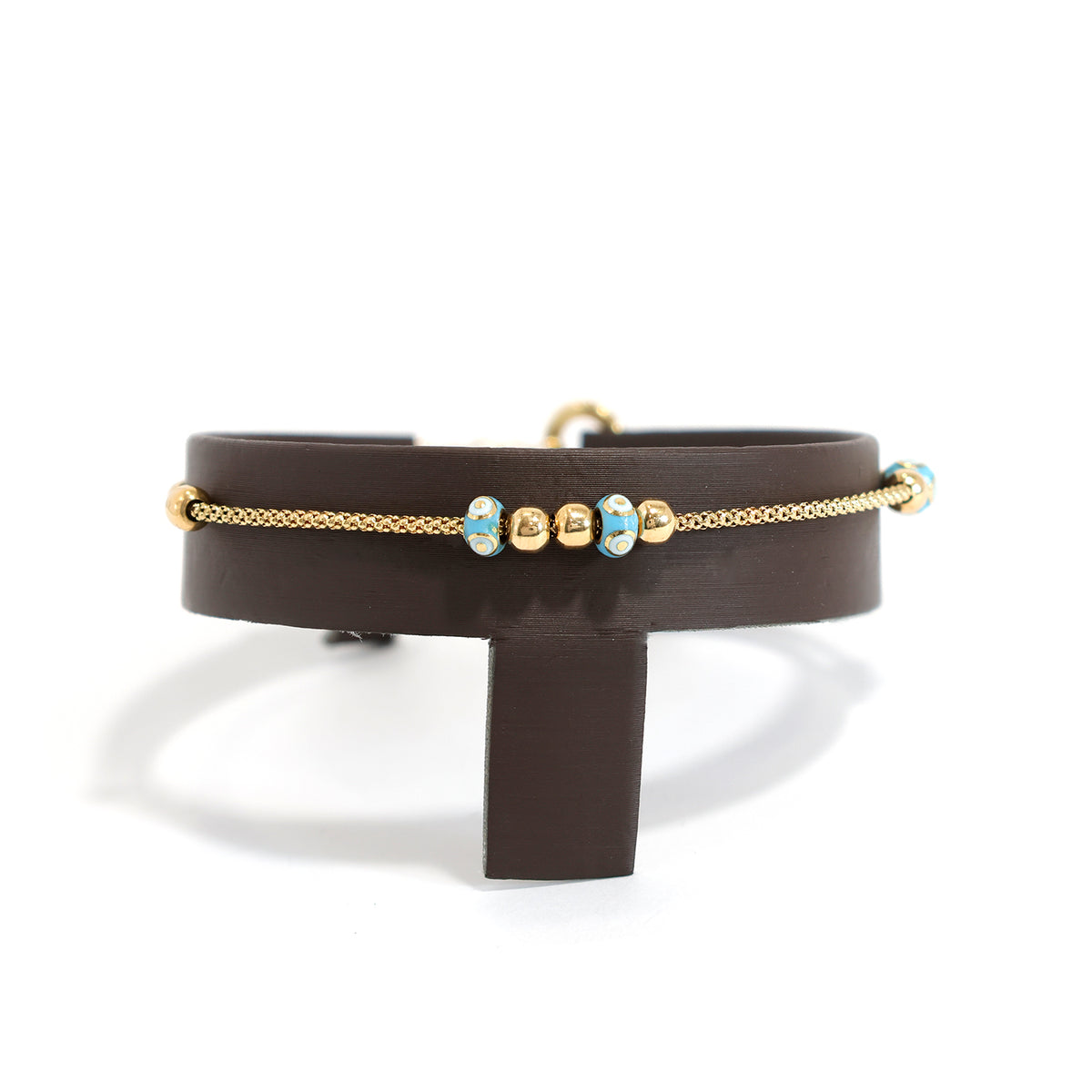 18K Gold Bracelet – Slim Chain with Blue Patterned Bead Accents - Main View