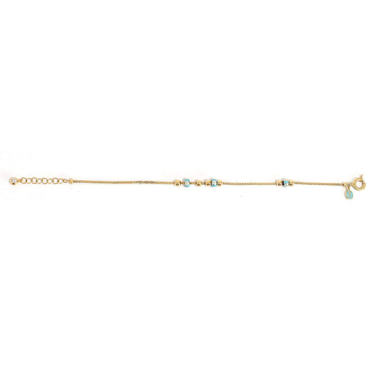 18K Gold Bracelet – Slim Chain with Blue Patterned Bead Accents - Full View