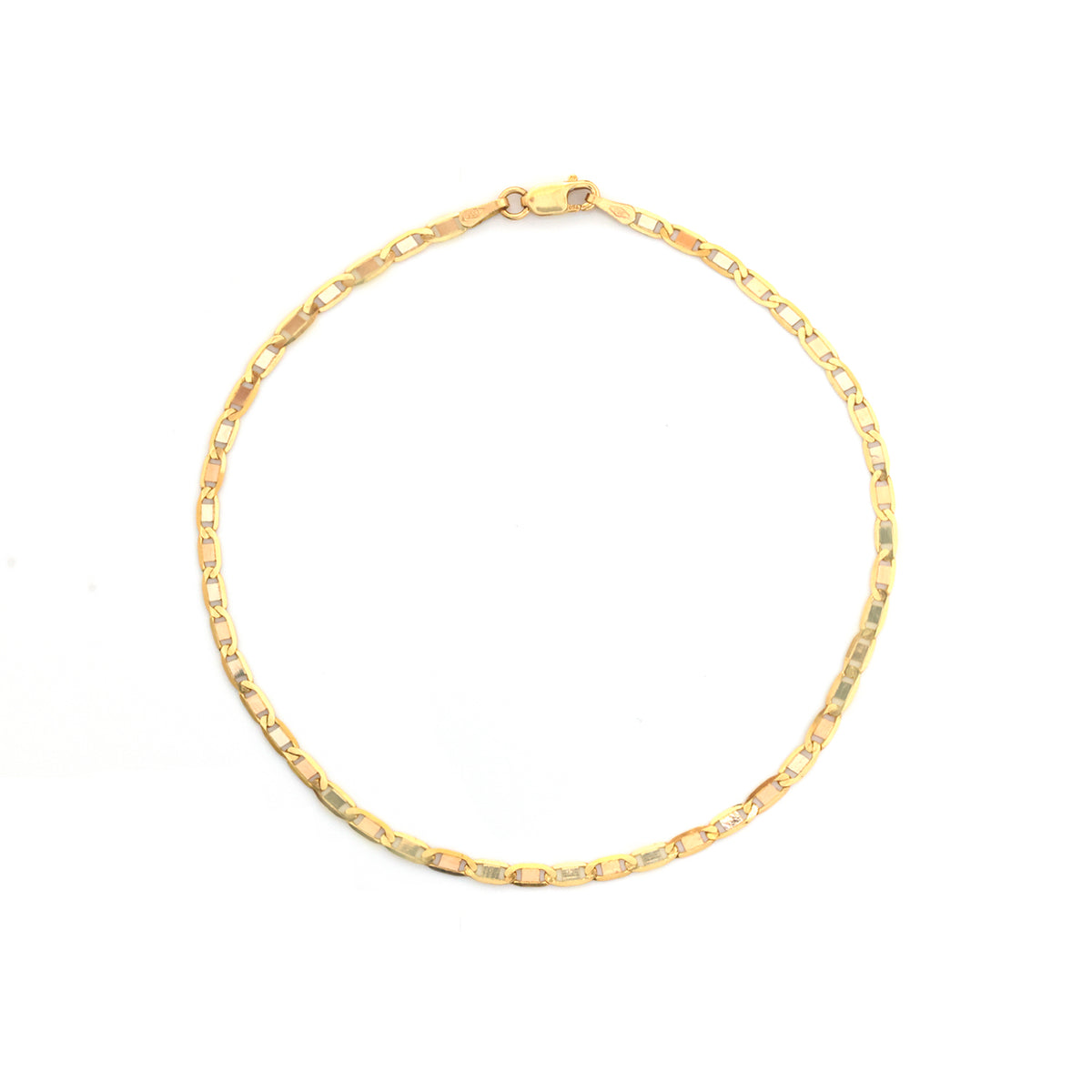 A gold chain necklace with a textured, faceted link design, arranged in a circle on a plain white background.