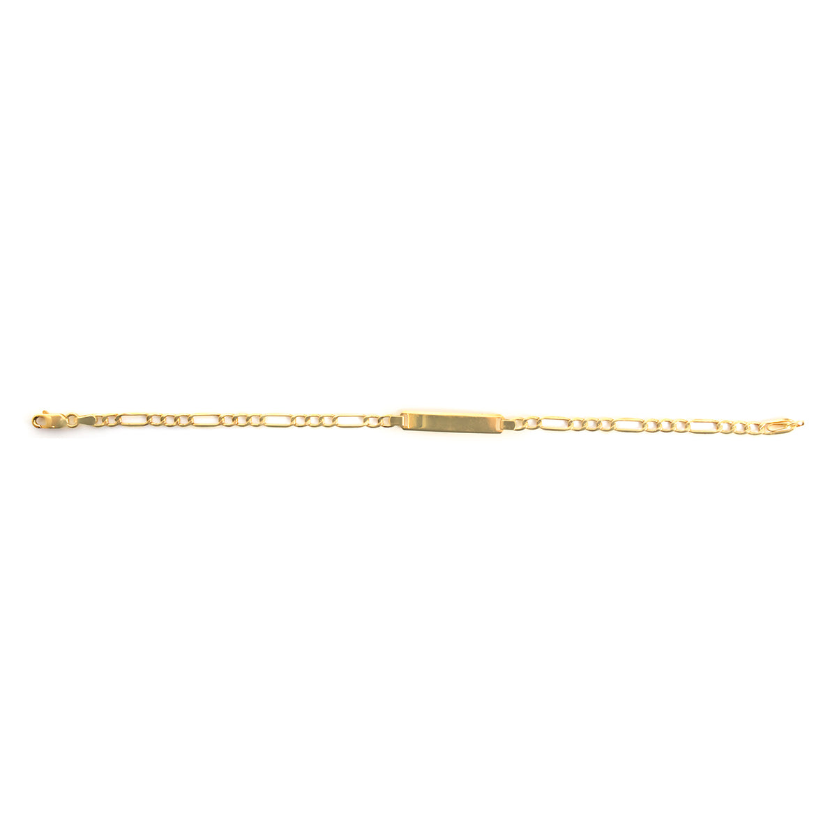 A gold chain bracelet with a central rectangular plate, photographed horizontally against a plain white background.
