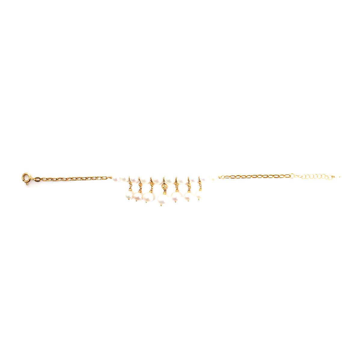 A delicate gold chain bracelet featuring a central cluster of small white pearl beads and tiny dangling gold charms, displayed on a solid white background.