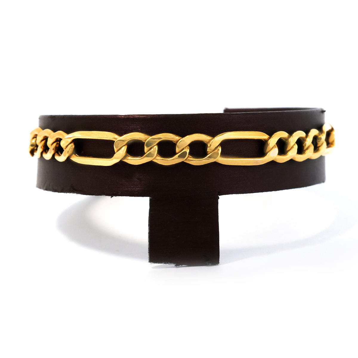 Black leather belt with gold chain detail on a white background
