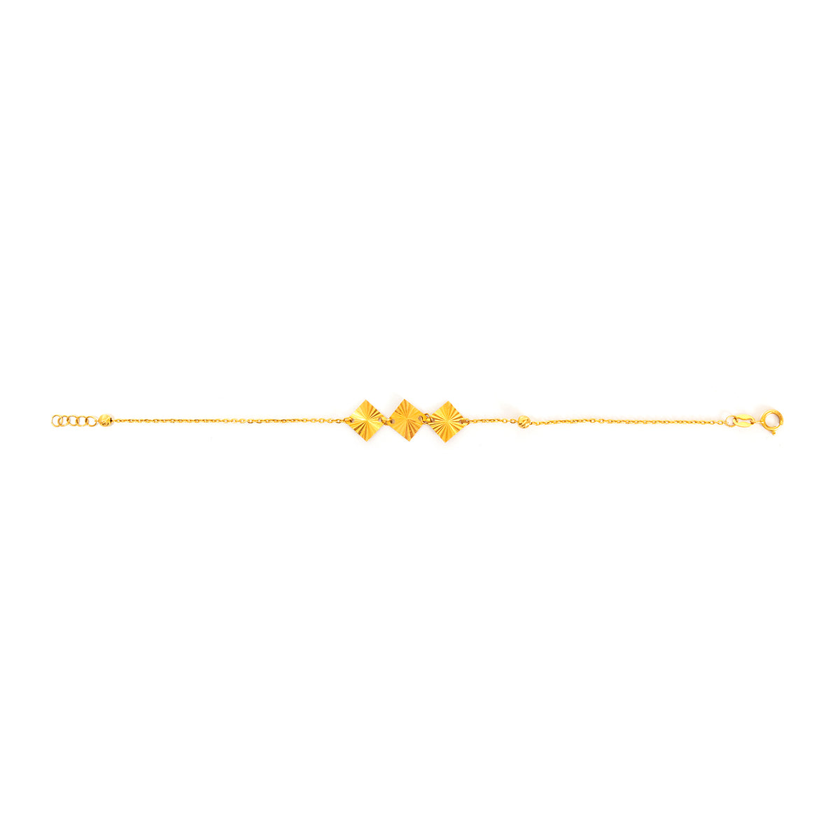 Gold bracelet with geometric designs on a white background