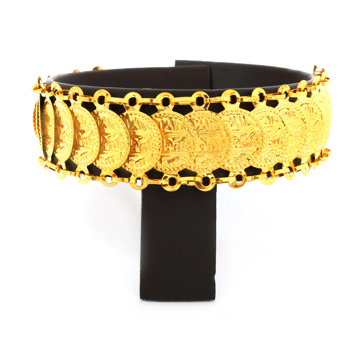 Gold belt with coin designs on a white background