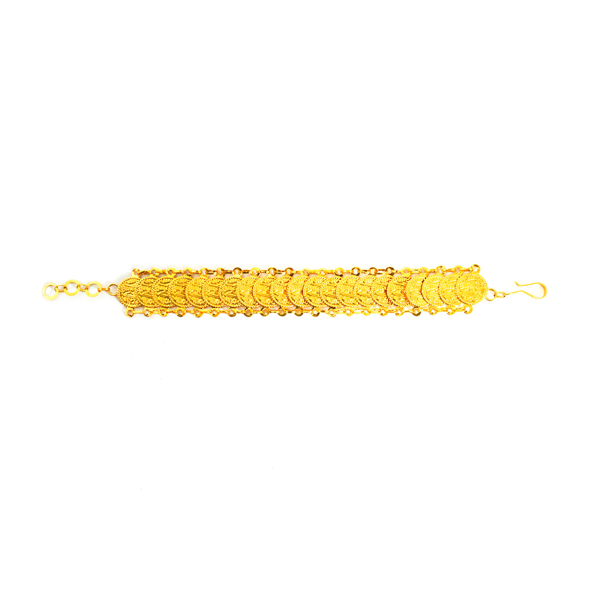 Gold bracelet with circular links on a white background