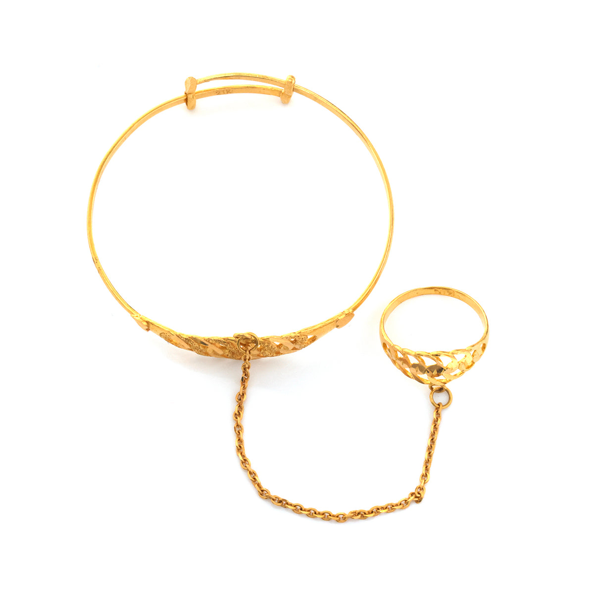 21K Gold Diamond-Cut Bangle Chain Ring Set - Zero making charge