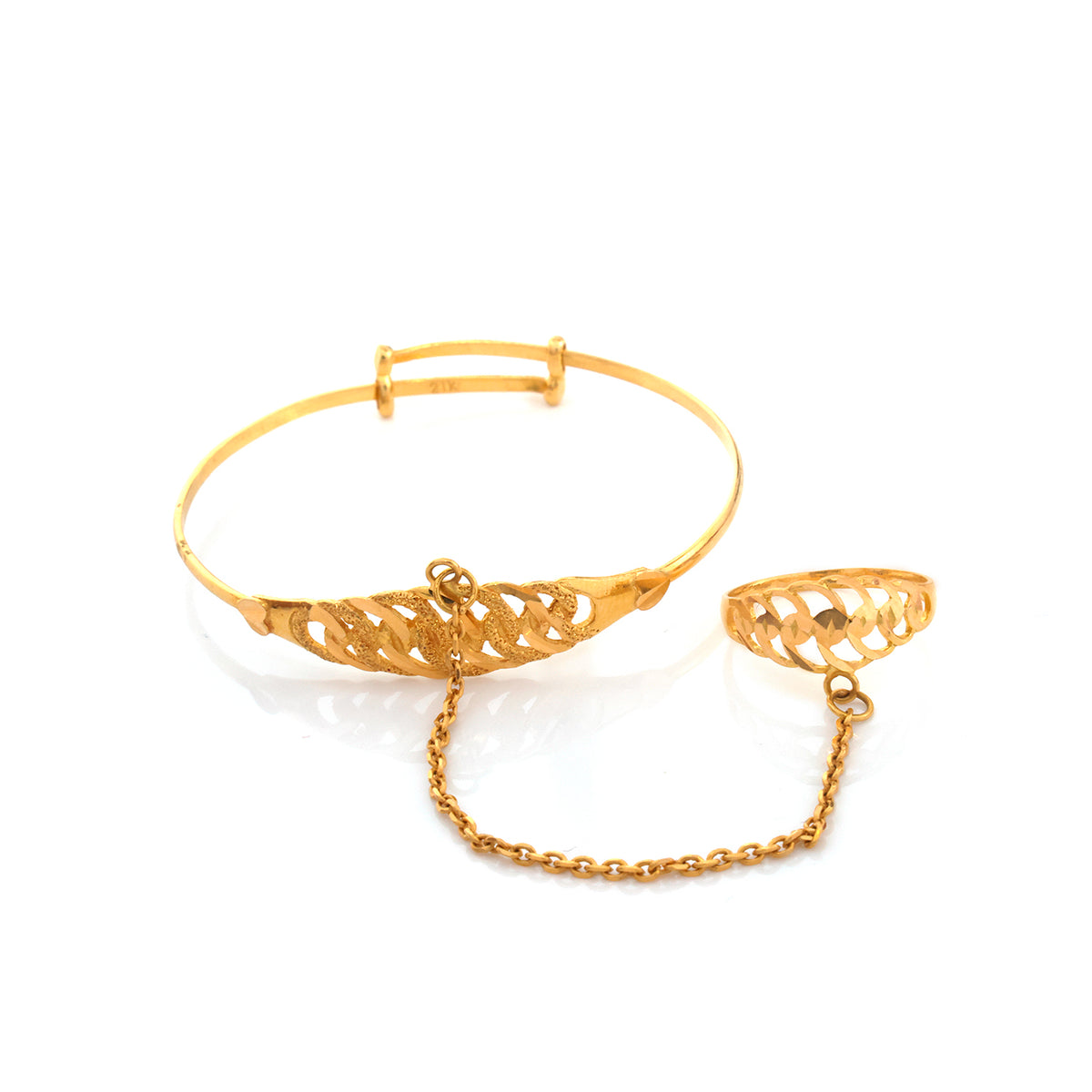 21K Gold Diamond-Cut Bangle Chain Ring Set - Zero making charge