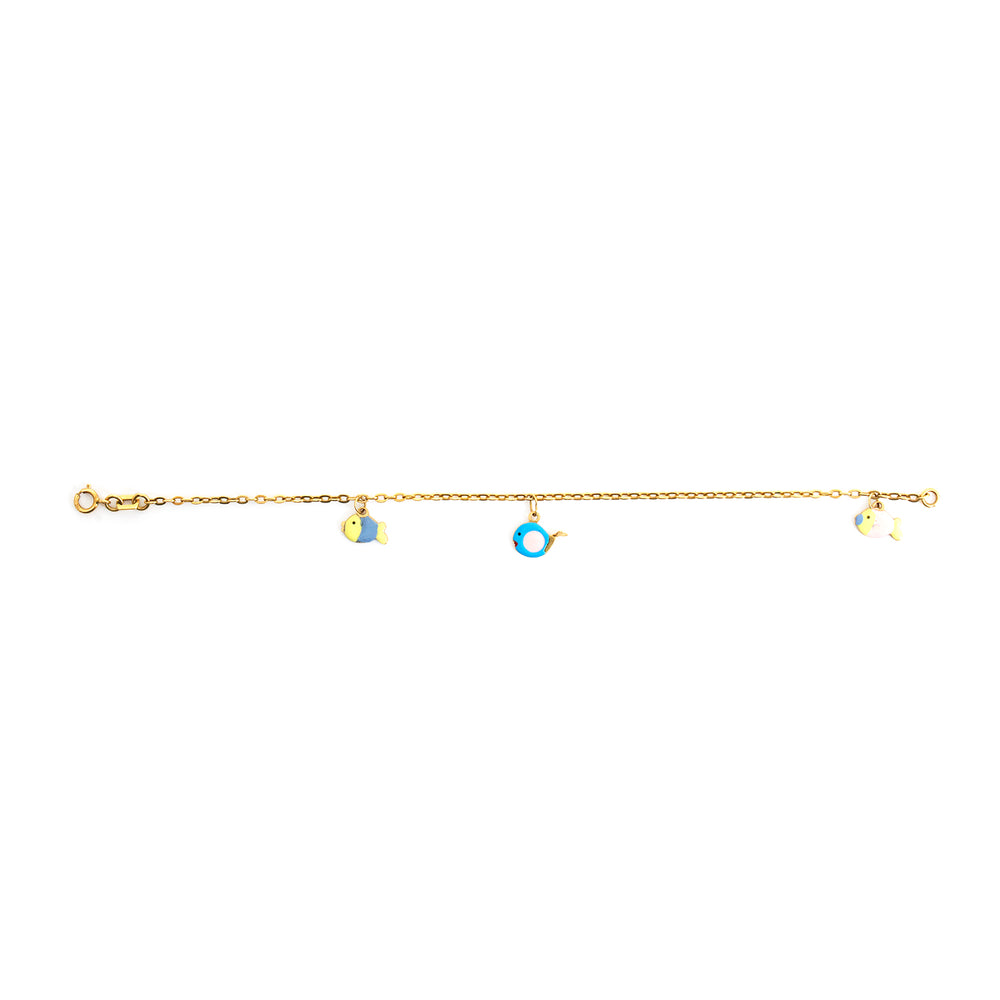 Gold bracelet with colorful charms on a white background