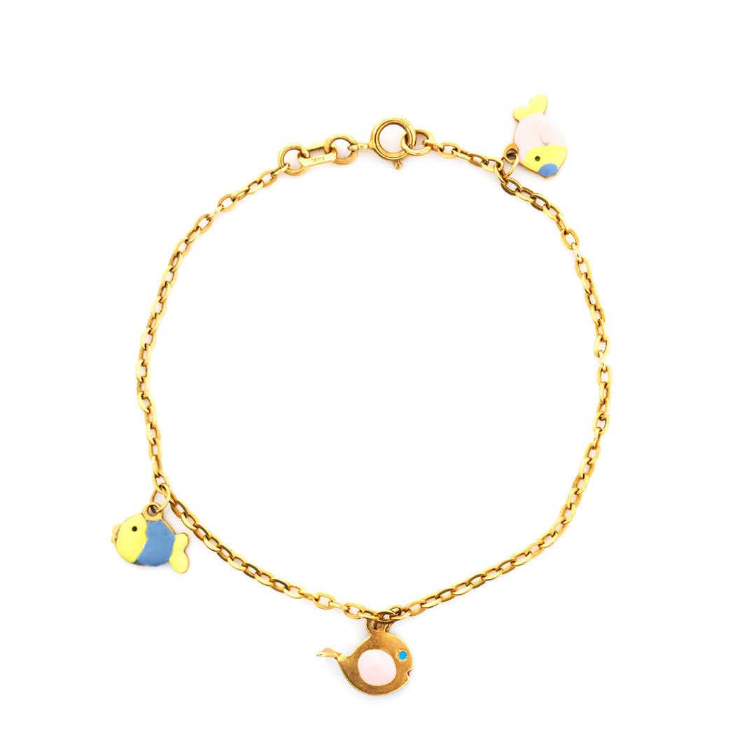 Gold bracelet with colorful charms on a white background