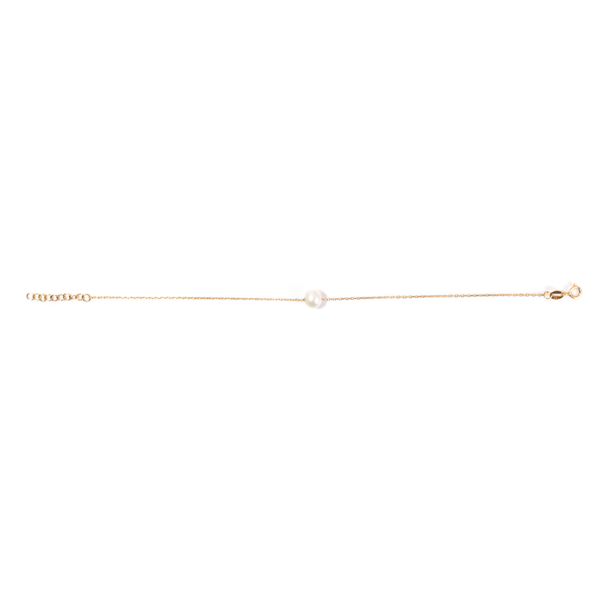 A delicate gold chain bracelet featuring a single central white pearl, displayed horizontally against a solid white background.