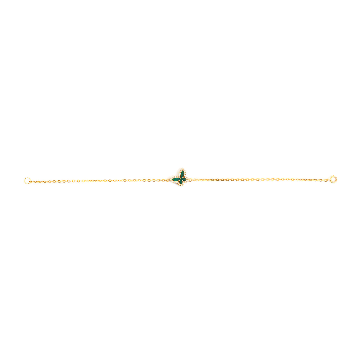 Gold bracelet with a green gemstone on a white background