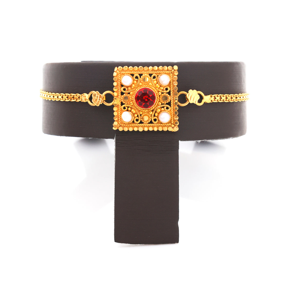 21K Gold Ornate Square Panel Bracelet with Red Stone & Pearls - Zero making charge