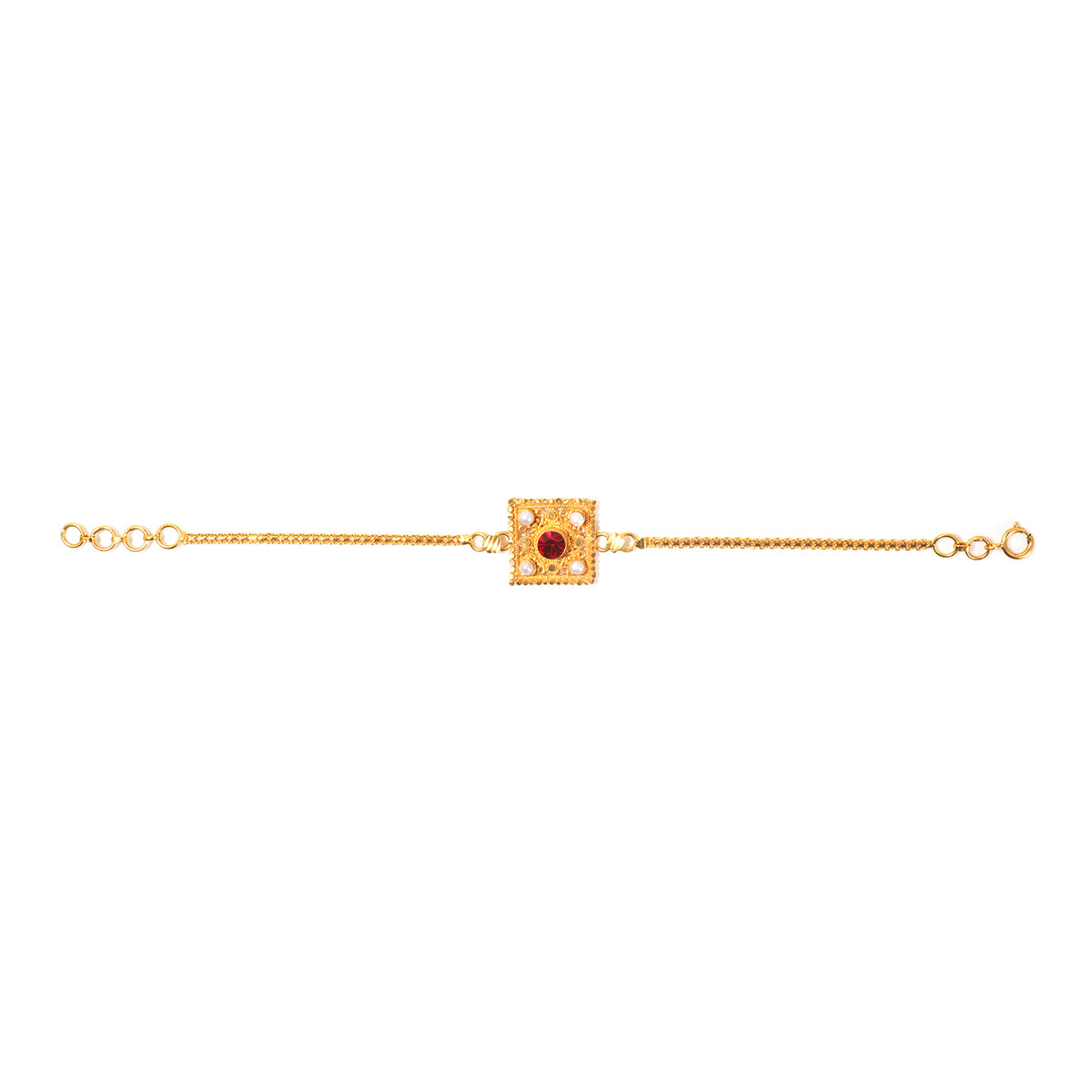 21K Gold Ornate Square Panel Bracelet with Red Stone & Pearls - Zero making charge