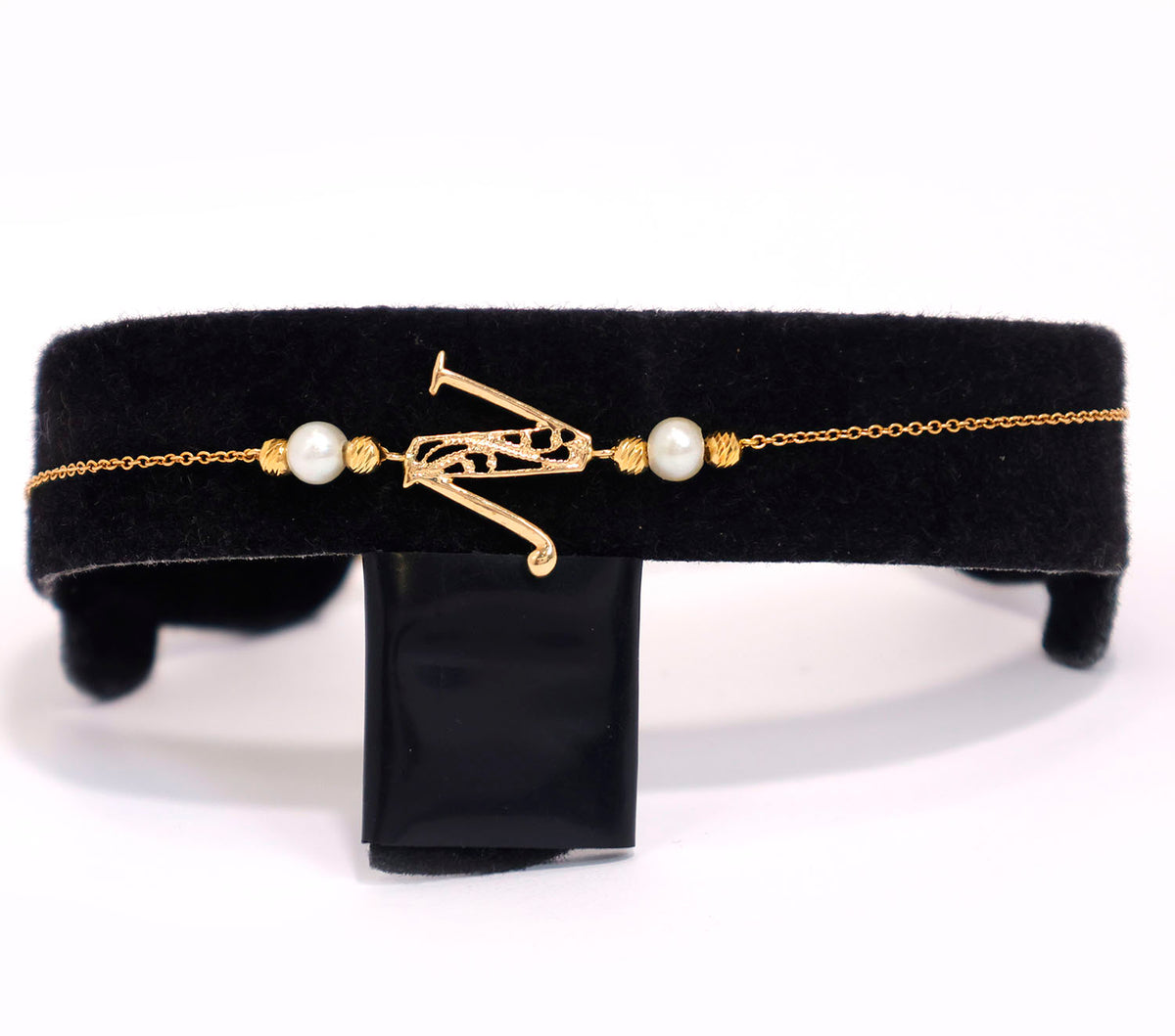 18K Gold Bracelet – "N" Letter with Pearl Beads – Zero Making Charge - Main View