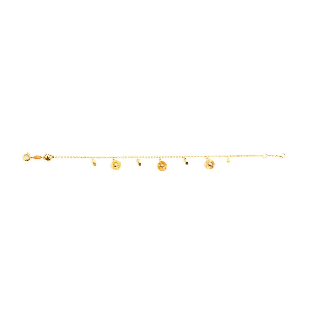 Gold anklet with small round charms on a white background