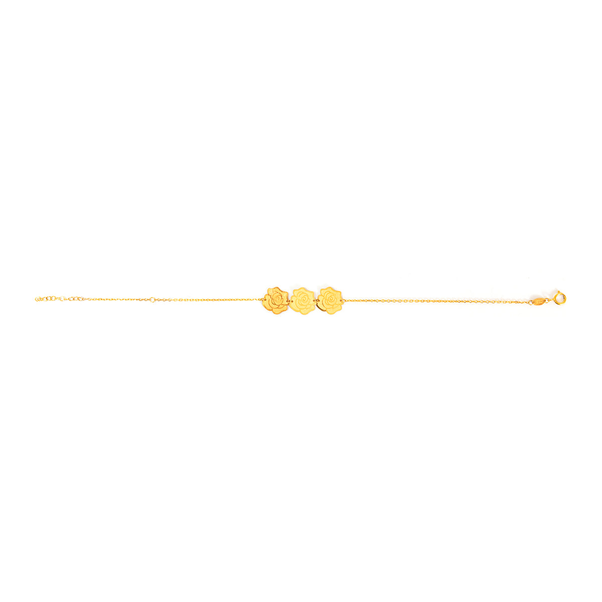 Gold bracelet with two round charms on a white background