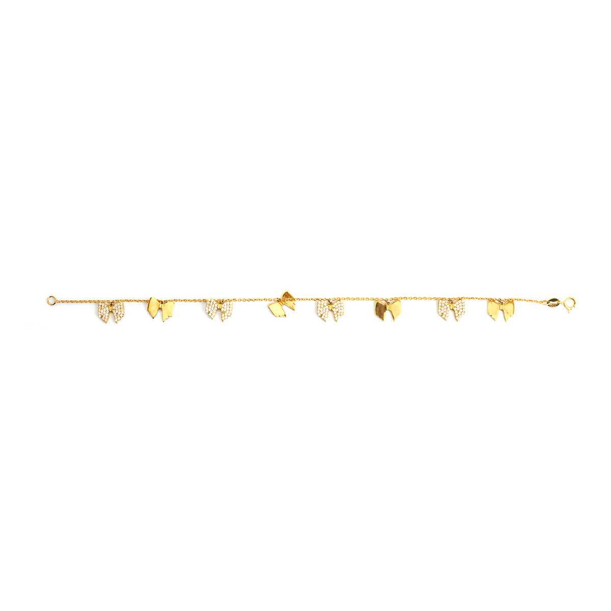 Gold bracelet with leaf-shaped charms on a white background