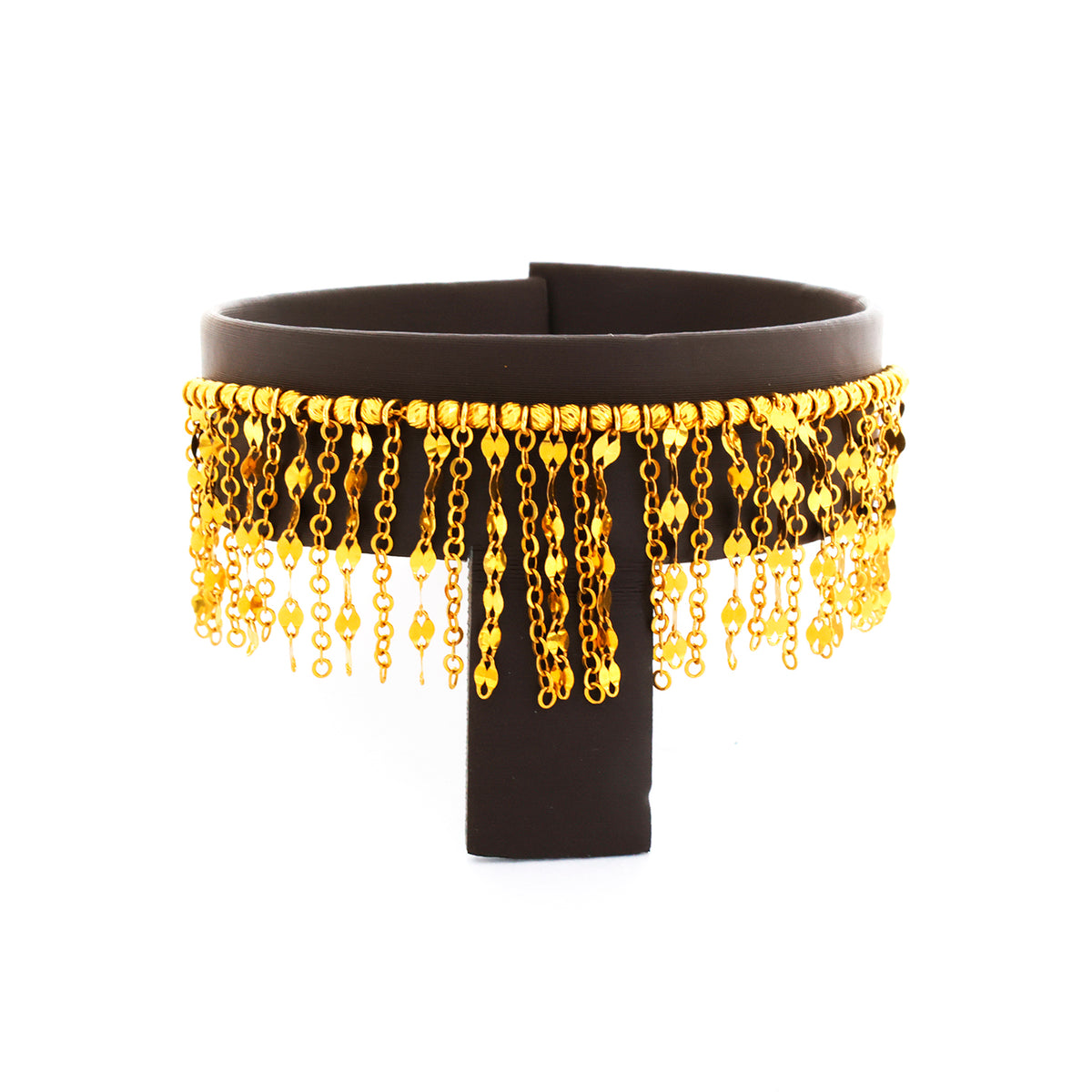 Black belt with gold chain fringe on a white background