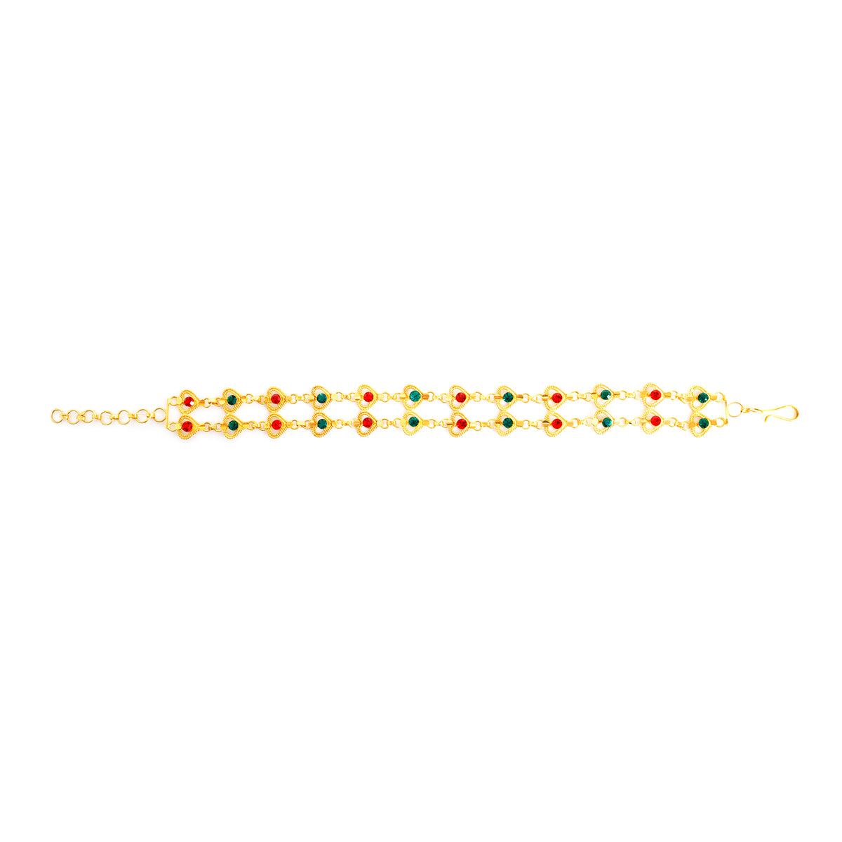 Gold bracelet with colorful beads on a white background