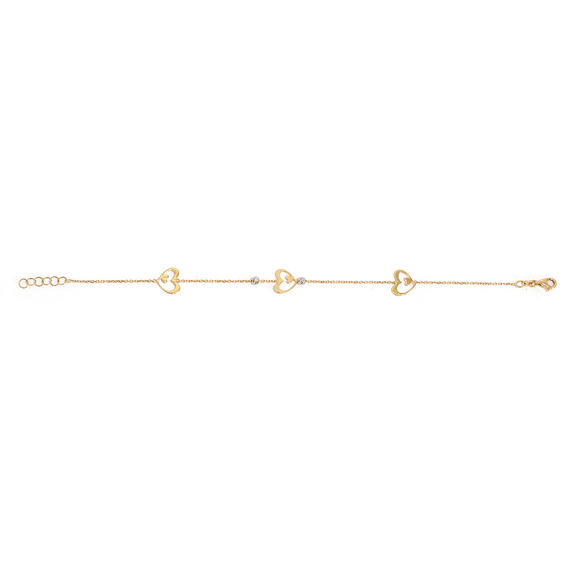18K Gold Bracelet – Two-tone open heart motif with textured beads - Full View