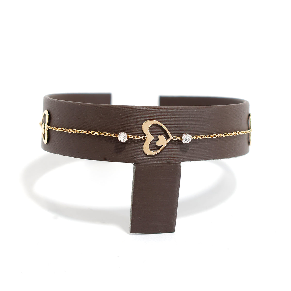 18K Gold Bracelet – Two-tone open heart motif with textured beads - Main View