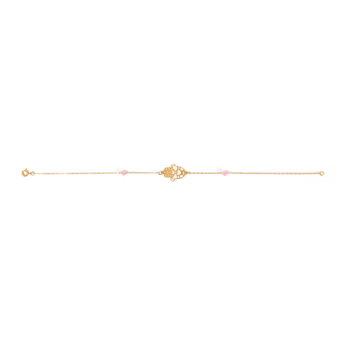 Gold bracelet with a decorative clasp on a white background