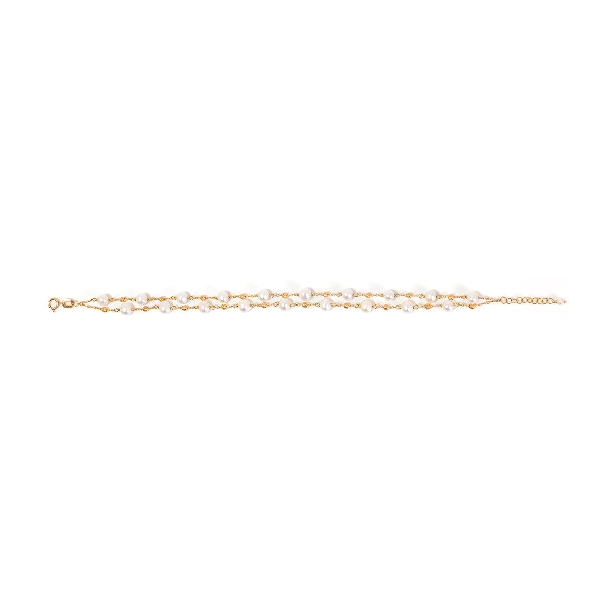 Gold bracelet with small pearls on a white background