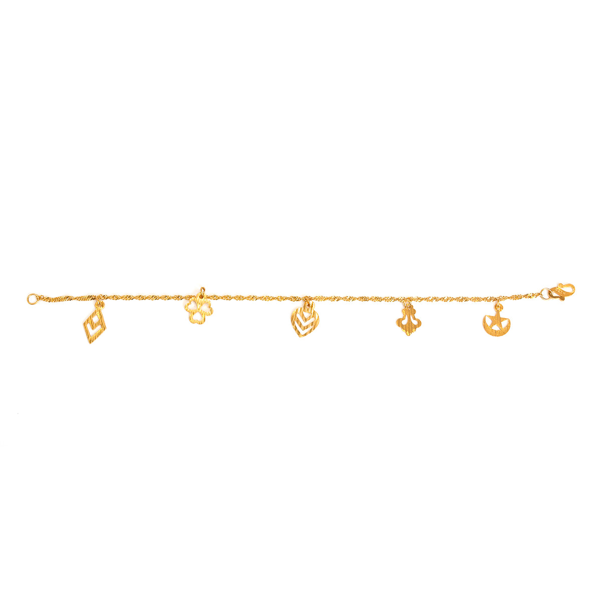 Gold bracelet with heart-shaped charms on a white background
