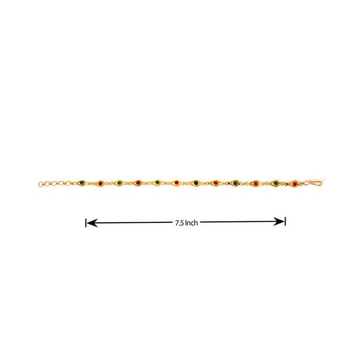 Gold chain bracelet with colored stones on a white background, showing a measurement of 7.5 inches.