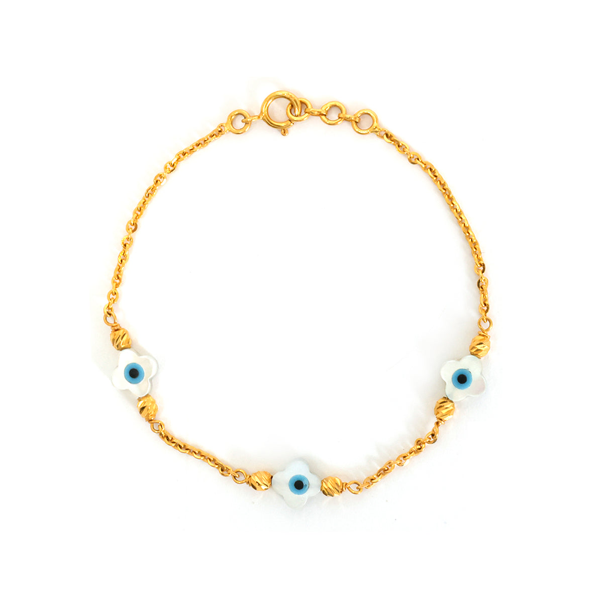 Gold bracelet with white beads featuring blue eyes on a white background