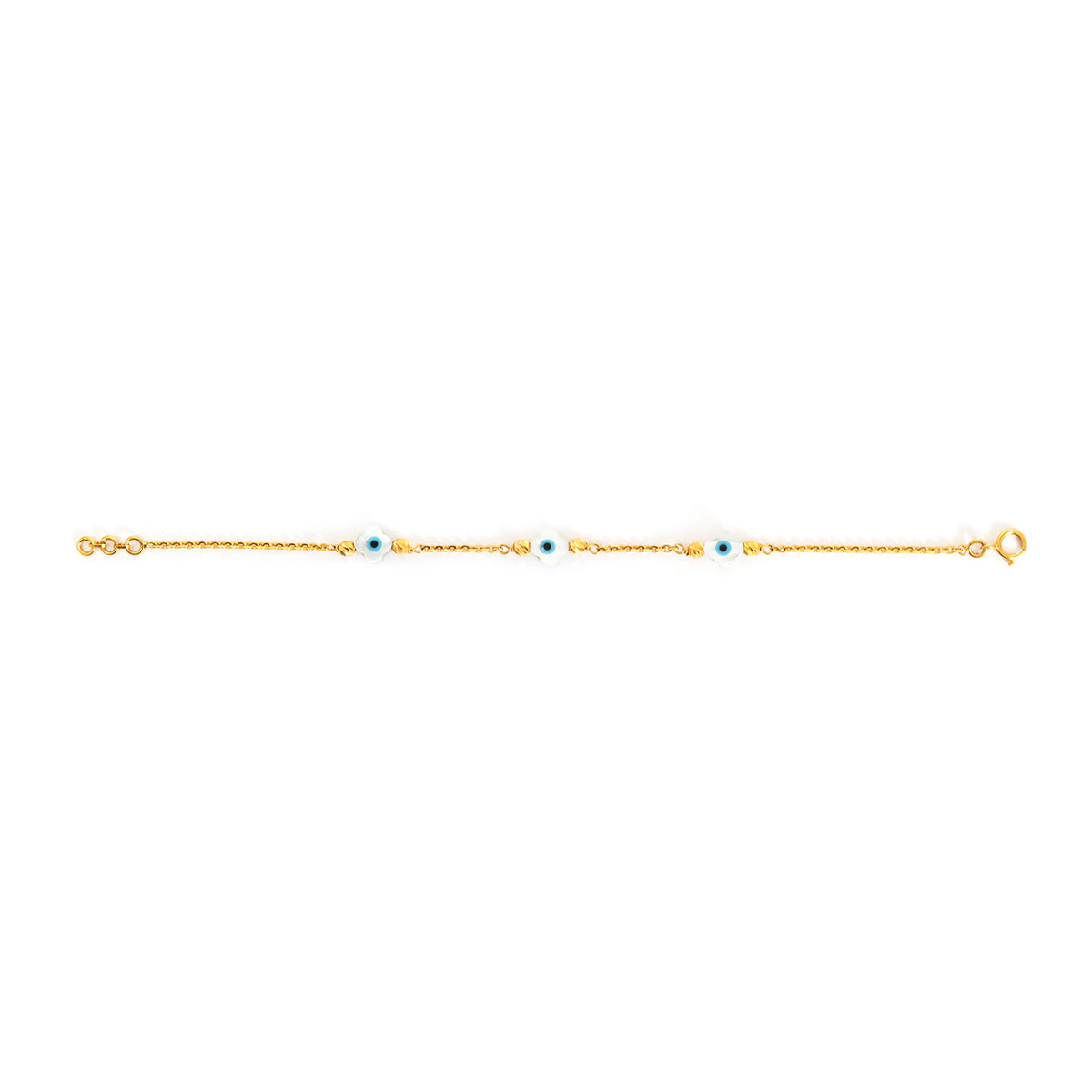 Gold bracelet with blue and clear gemstones on a white background