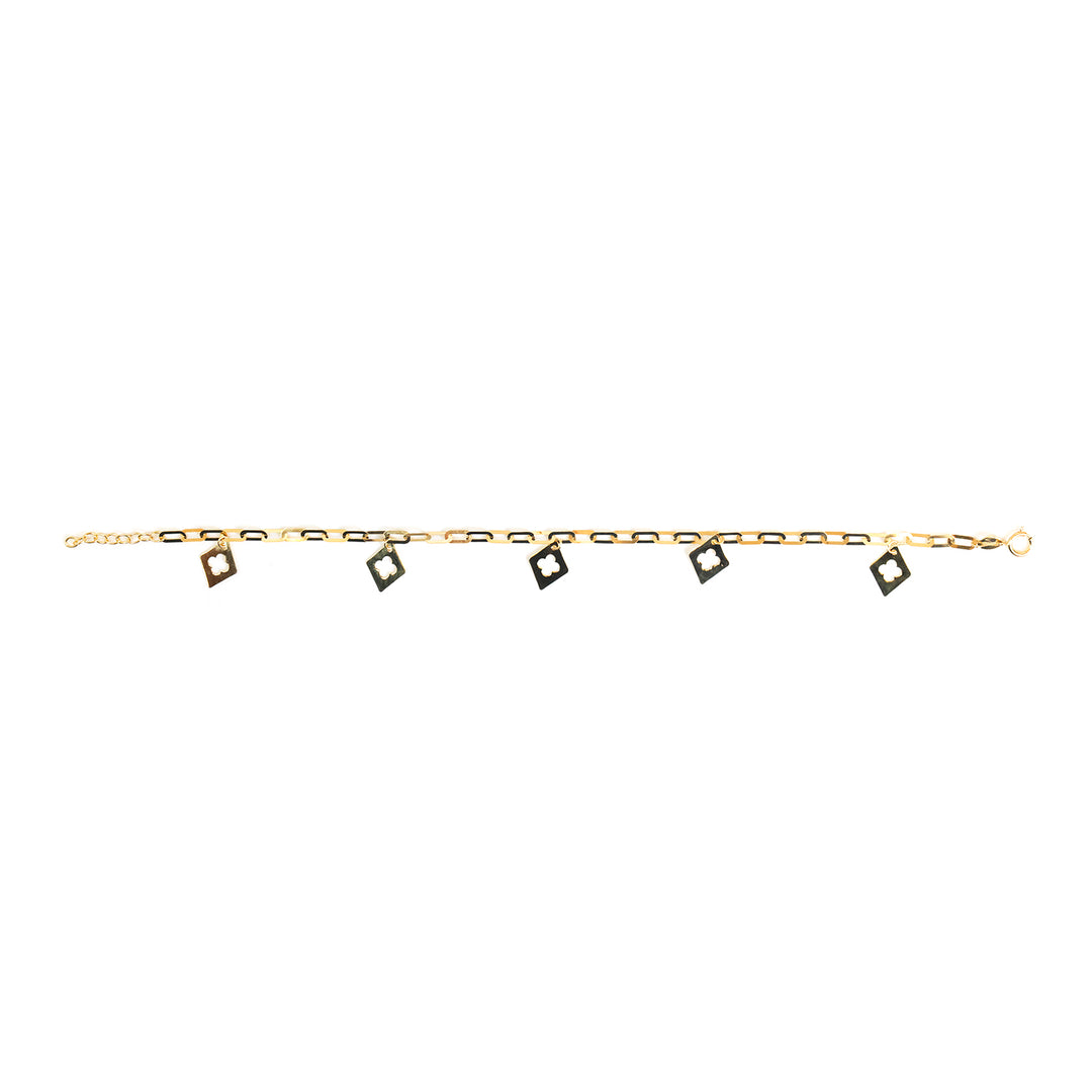 A delicate gold chain bracelet featuring five small square charms, each with a black center, displayed horizontally against a plain white background.