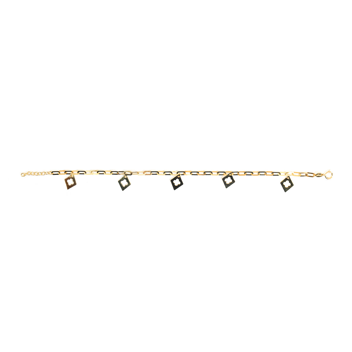 A delicate gold chain bracelet featuring five small square charms, each with a black center, displayed horizontally against a plain white background.