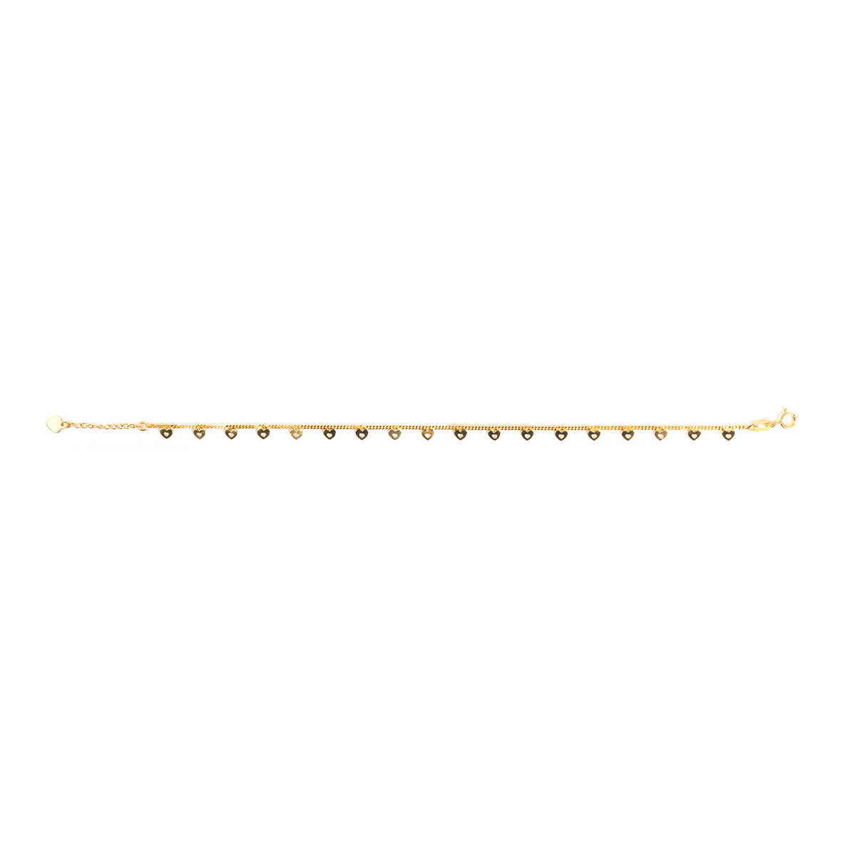 A delicate gold chain bracelet featuring a row of small, evenly spaced gold heart charms, displayed horizontally against a solid white background.