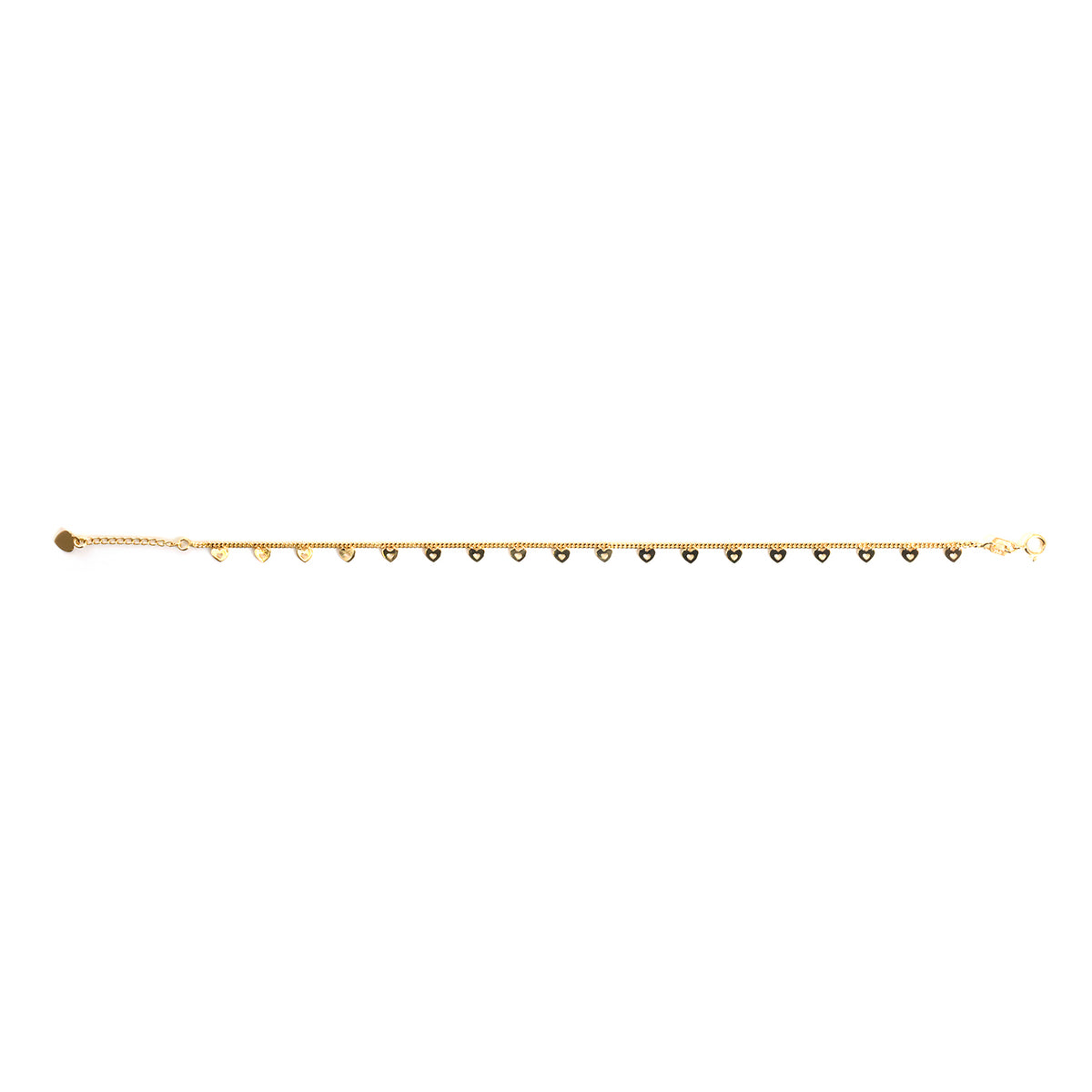 A delicate gold chain bracelet featuring a row of small, evenly spaced gold heart charms, displayed horizontally against a solid white background.