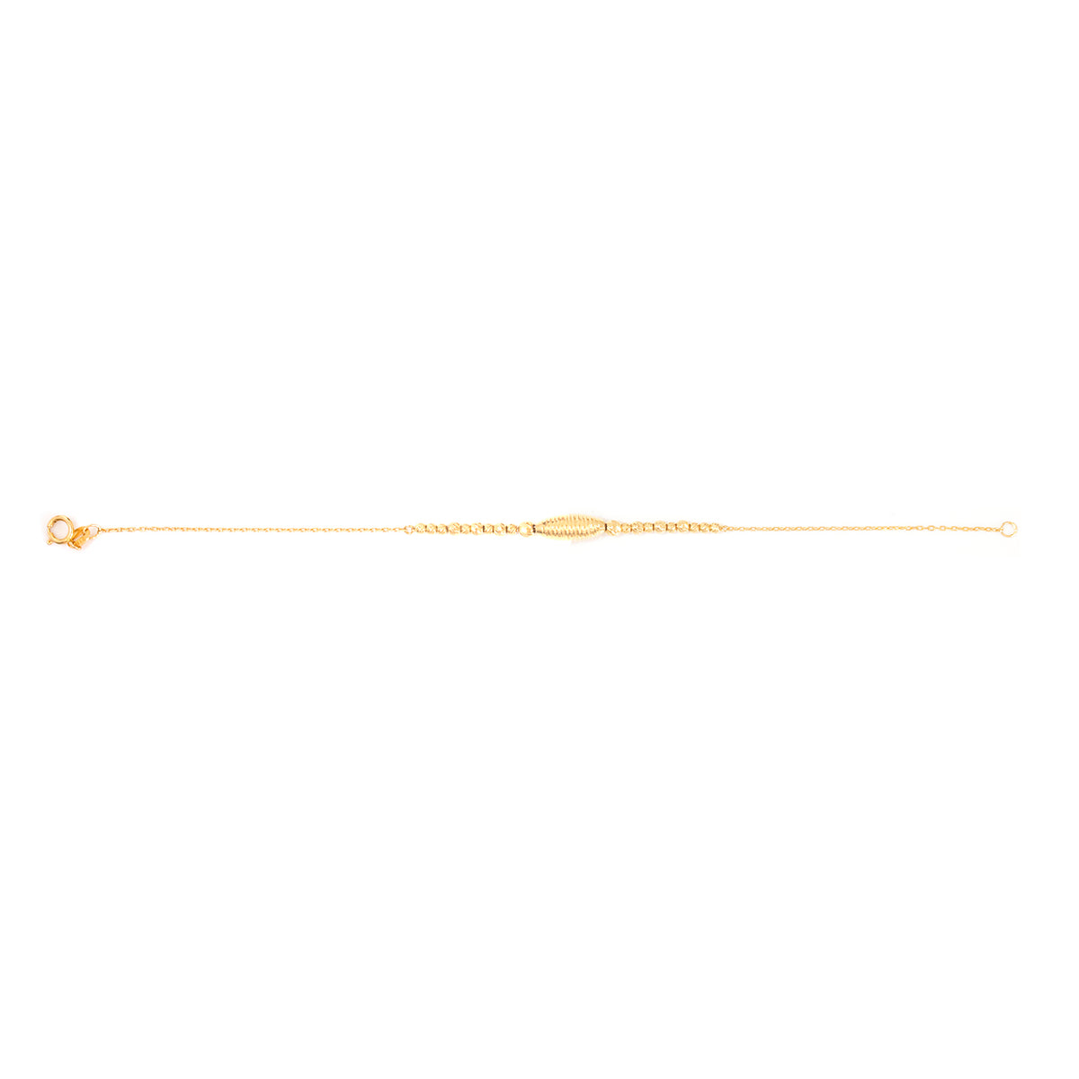 A delicate yellow gold chain bracelet with a small central oval link detail, shown against a plain white background.