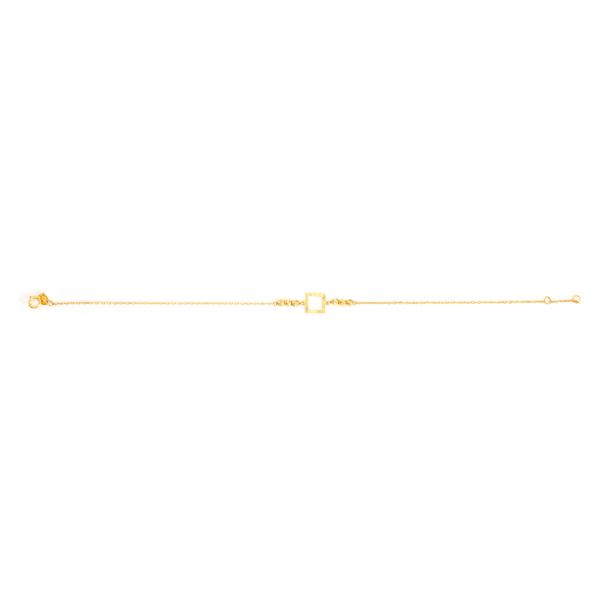 A delicate gold chain bracelet featuring a central open square charm, displayed horizontally against a solid white background.