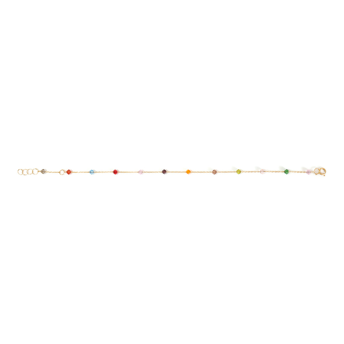 A delicate gold chain bracelet featuring a series of small, evenly spaced multicolor beads, shown against a plain white background.
