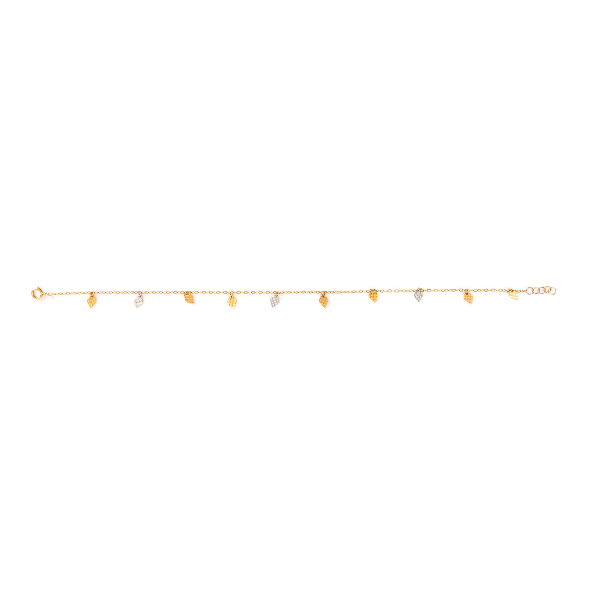 A delicate gold chain bracelet featuring small, irregular gold leaf charms and a few tiny clear stone accents, displayed horizontally against a solid white background.