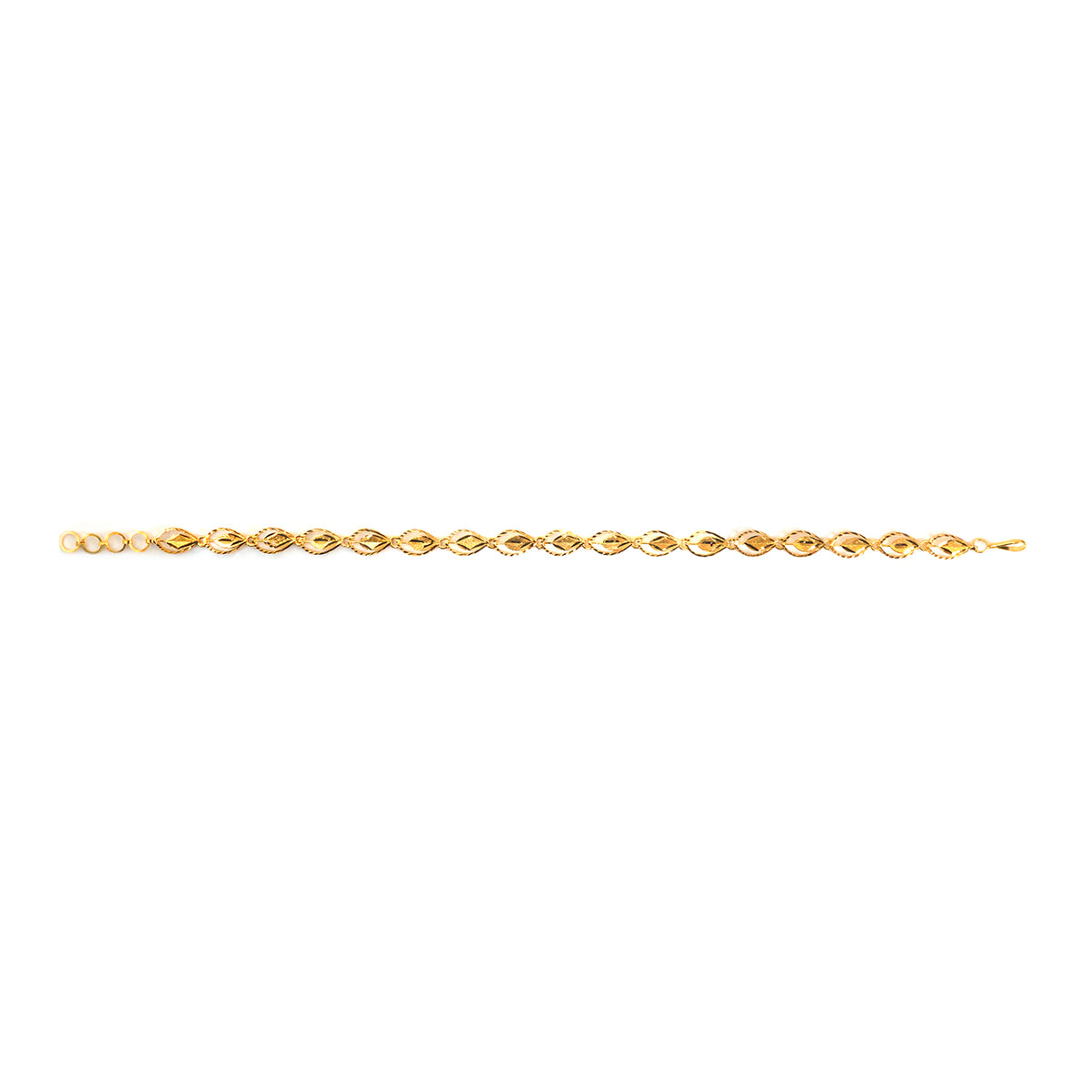 A delicate yellow gold chain bracelet with a twisted link design, shown horizontally against a plain white background.